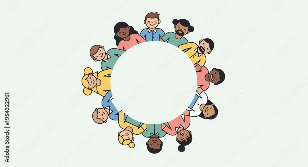 Naklejka premium Diverse Group of Individuals Forms a Harmonious Circle of Unity, Community, and Global Connection, Symbolizing Inclusion and Friendship for a Better Future
