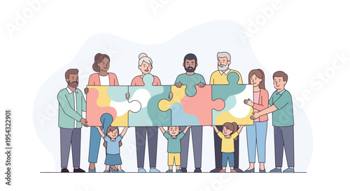Diverse group of people holding a puzzle symbolizing unity, family, and community