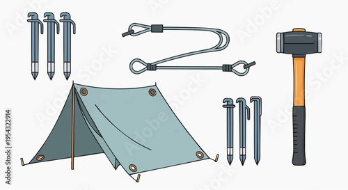 An array of camping gear laid out for outdoor adventures. The image features tools like tent, a hammer, a rope, and other utility items.