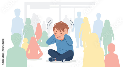 Child struggling with sensory overload and anxiety amidst a bustling crowd, covering ears from overwhelming noise and stress in a public environment