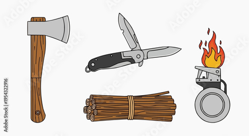 Essential tools for outdoor survival: an axe, a knife, firewood and a lighter ready for a bonfire