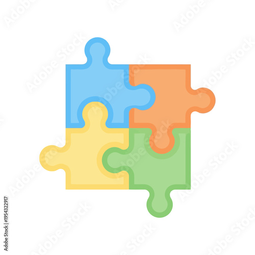 Four colorful puzzle pieces fitting together to represent teamwork and problem-solving