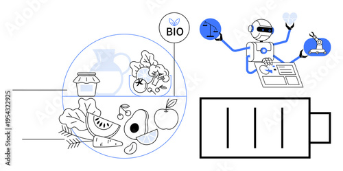 Sustainability, biotechnology, organic production, AI research, eco-energy, nutrition. A robot examining organic foods and handling technology tools. Sustainability and biotechnology demonstrated