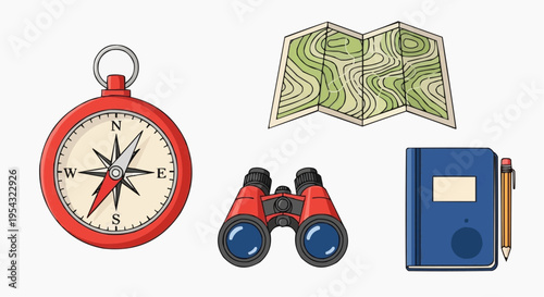 Compass, binoculars, map, notebook, and pencil are arranged against a simple background, suggesting the spirit of exploration and adventure. These essential tools are ready for any journey.
