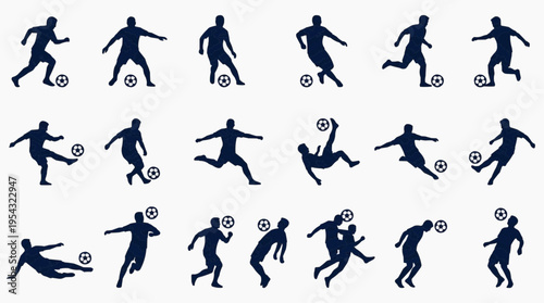 Silhouette soccer players in various action poses, capturing the dynamic energy of a match. The players are seen in mid-action, showcasing the excitement of the game