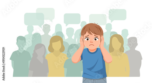 Young boy covers his ears, feeling overwhelmed and anxious by the noisy crowd, illustrating sensory sensitivity and social discomfort in a busy environment