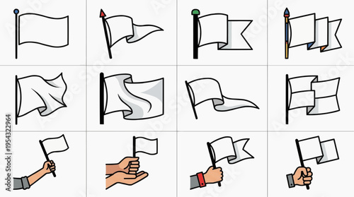 Flags set with various design displayed with the concept of surrender and truce. These symbols suggest communication, signals and a call for peace