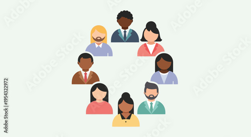 Diverse circle of people avatars, representing community, teamwork, and global collaboration among a multi-ethnic group in a professional and social context