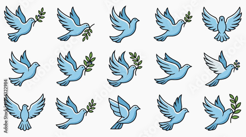 A collection of stylized dove illustrations in various poses, each carrying an olive branch, symbolizing peace