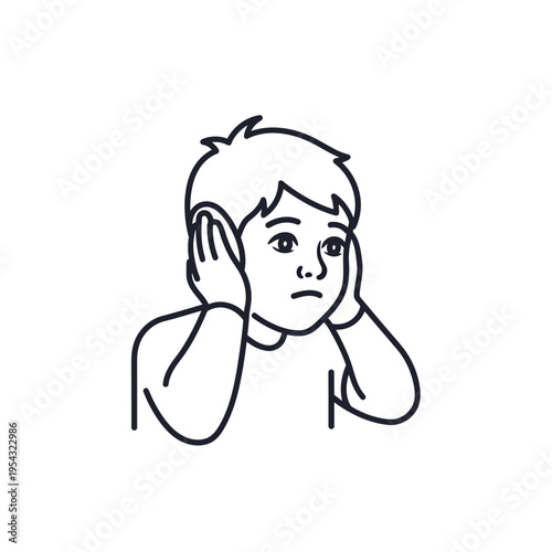 A young boy covering his ears, looking worried and overwhelmed