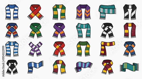 A collection of colorful scarves displayed. Each scarf has a unique pattern and design, showcasing a variety of styles