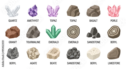 A colorful vector graphic illustration of various gemstones and rocks, including quartz, amethyst, and emerald, arranged in a grid pattern.