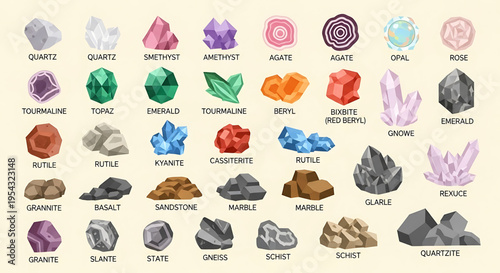 A colorful vector graphic illustration of various gemstones and minerals, showcasing their unique shapes and names.