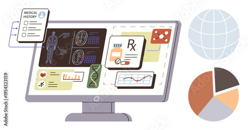 Healthcare technology, medical analysis, diagnostics, patient records, data visualization, science. A computer screen displaying health analytics and medical reports. Healthcare technology