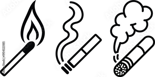 Representing a lit match, a cigarette with smoke, and a cigar with smoke