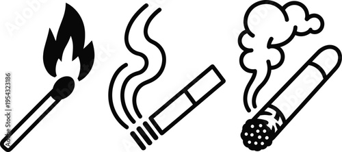 Of a lit match, smoking cigarette, and lit cigar with smoke