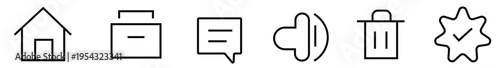 A set of six modern line style icons for home, briefcase, message, sound, trash can, and star