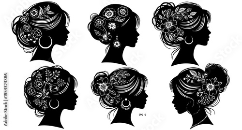 Female Profile Silhouette Set with Floral Hair Design Vector Illustration