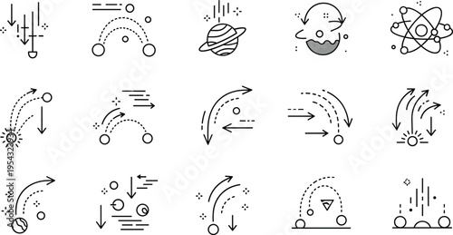 Abstract motion and physics line icons set featuring arrows orbits gravity movement and dynamic paths in minimal outline vector illustration collection