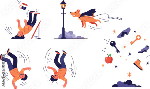 Cartoon man slipping and falling accident scenes with banana peel dog pulling leash and scattered objects funny mishap vector illustration