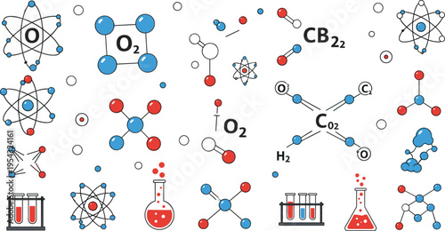 Chemistry molecules and atomic structure icons with O2 CO2 H2 formulas laboratory experiment science education vector illustration set