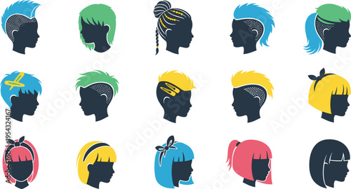 Colorful modern hairstyle silhouettes collection with trendy men and women haircuts punk bob braid fringe fashion vector illustration set