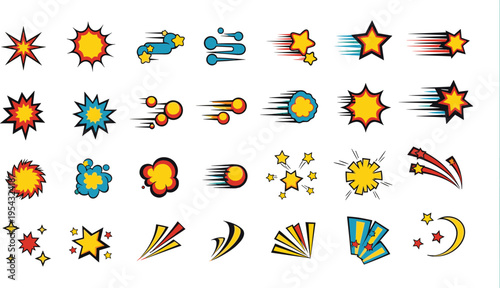 Comic explosion and motion effect icons featuring blasts stars bursts speed lines and impact elements in colorful cartoon vector illustration set