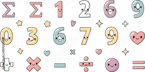 Cute math numbers and symbols vector set featuring colorful digits sigma plus minus and kawaii style characters for educational design