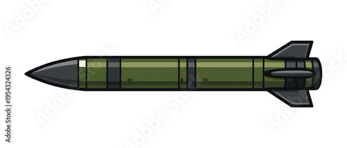 Modern Military Rocket Flat Vector Illustration, Side View Missile Icon Isolated on White Background