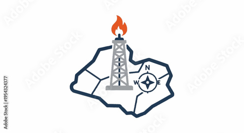 An illustration of an oil rig on a map with a flame burning.
