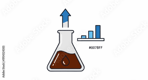 Brown liquid in a laboratory flask with rising graph.