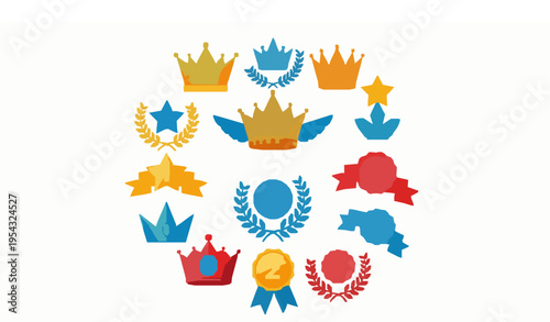 Colorful ranking crown and champion icon set with decorative victory symbols in playful flat vector style isolated on white