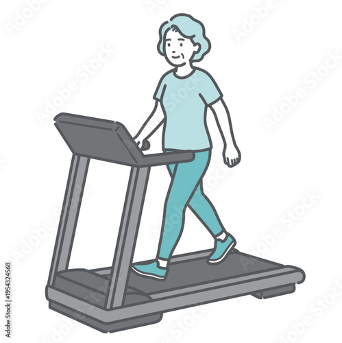 トレッドミルで笑顔でウォーキングをするシニア女性のイラスト