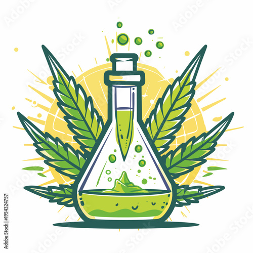 Cannabis leaf with flask representing science and medicine concept
