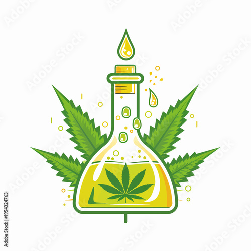 Cannabis oil in laboratory flask with marijuana leaf vector illustration
