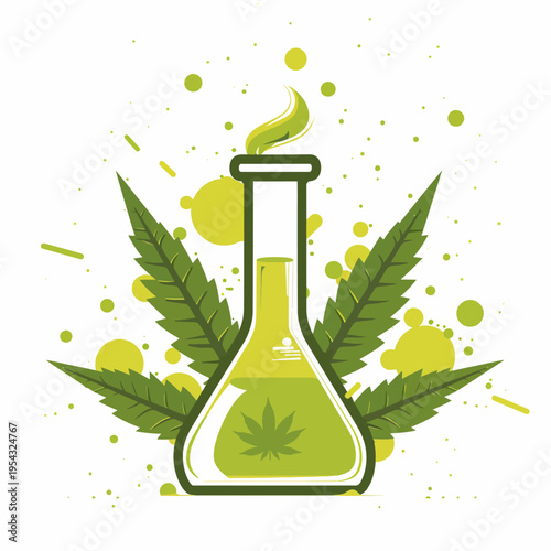 Cannabis scientific illustration with beaker and marijuana leaves vector design