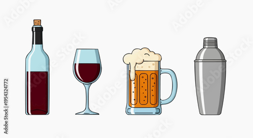 Set of Alcohol Beverages: Wine, Beer, and Cocktail Shaker