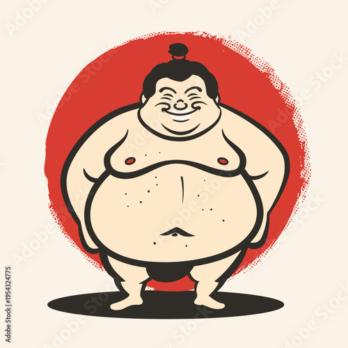 Cartoon sumo wrestler smiling with red circle background isolated