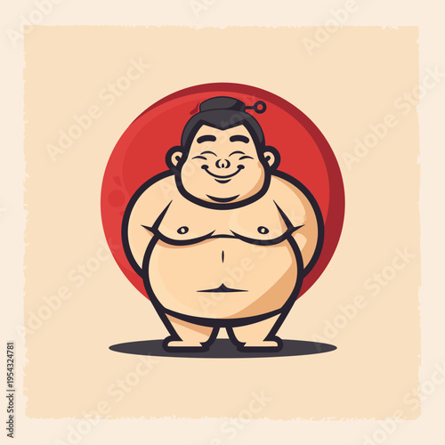 Cartoon sumo wrestler smiling with red circle background vector illustration