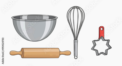 Baking tools arranged together to show the beauty of cooking preparation. The stainless steel mixing bowl, egg whisk, rolling pin.
