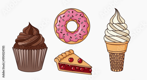 Delicious array of treats: a cupcake, donut, slice of pie, and ice cream cone