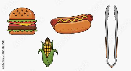 Delicious burger, hot dog, corn, and barbecue tongs arranged. The scene captures the essence of a barbecue with tasty food 