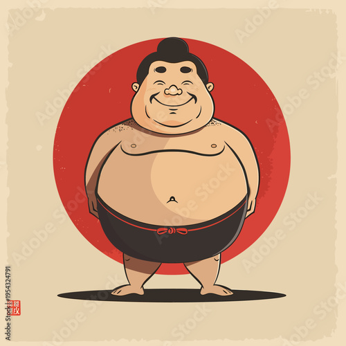 Cartoon sumo wrestler smiling with red circle background vector illustration