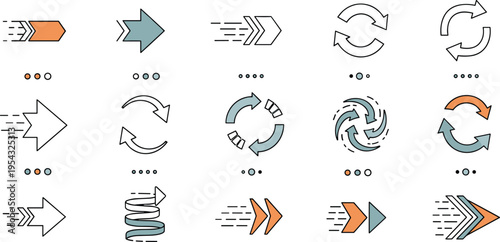 Dynamic arrow icons collection featuring motion direction speed loops refresh and navigation symbols in modern flat line vector style set