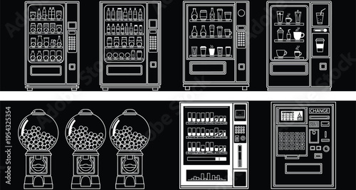 Collection of white outline vending machine icons including snack dispensers coffee makers and gumball machines isolated on black background for retail vector design illustration (25 words)