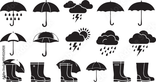 Rainy Day Essentials Icon Set with Umbrellas and Boots