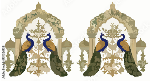 Traditional Mughal Background with Peacock Tree and Arch Seamless Pattern Vector