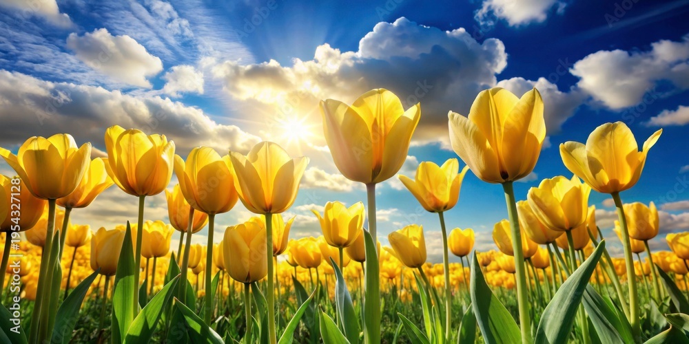Obraz premium Spectacular Yellow Tulips Under Bright Blue Sky and Sunlight