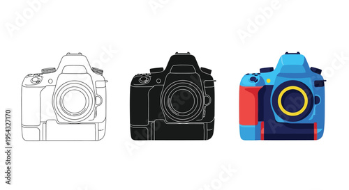A versatile vector graphic illustration showcasing three distinct styles of a digital SLR camera, perfect for photography, technology, or creative design projects.