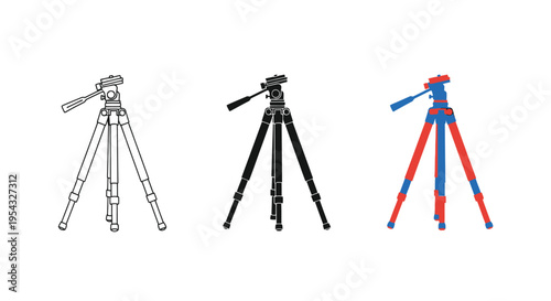 Professional camera tripod vector illustration set featuring line art, solid black silhouette, and vivid multicolored design options for various creative projects.